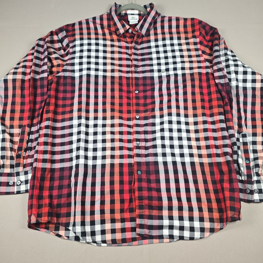 Lacoste Shirt Mens 45 XXL Regular Fit Checkered Plaid Button Down Red Black...